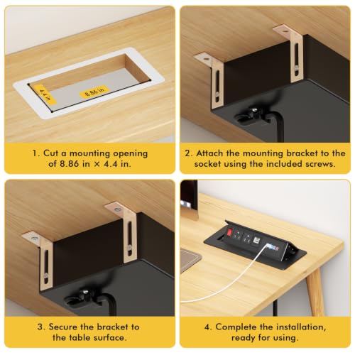Kungfuking Conference Table Power Outlets with 2 USB C PD 30W, CAT6 Port | Recessed Table Power Outlets with Switch, CAT6 Cable, 2 USB-C & 2 USB-A Ports, Metal Housing, Pop-Up Design - color: 1PCS 6FT Black