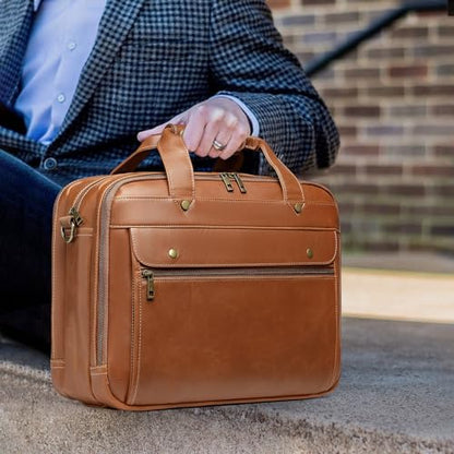 Bosidu Leather Briefcases for Men 15.6 Inch Laptop Messenger Bag with Triple Compartments Water-Resistant Computer Shoulder Bag for Business, Travel, Work, Office, Coffee - color: Coffee