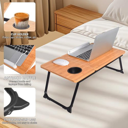 Adjustable Laptop Bed Table with Book Stand, Portable Reading Desk with Side Panel, Wood Grain - color: Bamboo Wood