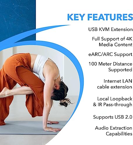 OREI 4K eARC HDMI Extender Balun HDBaseT 3.0 UltraHD 4K @ 60Hz 4:4:4 Over Single CAT5e/6/7 Cable with HDR, LAN, ARC & IR Support, RS-232 Up to 330 Ft Audio Out - Power Over Cable - LAN Out | HDBaseT, ARC HDMI Extender – HDR10+, Dolby Vision, USB KVM, HDMI