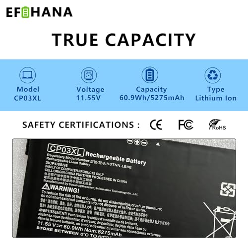 CP03XL 929072-855 Laptop Battery Replacement for Hp Spectre X360 Convertible 3-ae 13-ae0xx 13-ae000 13-ae013dx 13-ae049ng 13-ae001ng 929066-421 HSTNN-LB8E CPO3XL CP03060XL 11.55V 60.9Wh 5275mAh - size: 9.29×3.19×0.26 in CP03XL