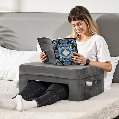 VEVOR Reading Pillow for Gaming, Extra Large Lap Desk Pillow with Pockets and Cup Holder, Laptop Pillow with Memory Foam Bed Rest, Bed Pillow for Sitting Up for Gaming, Reading, Resting, Working, Grey