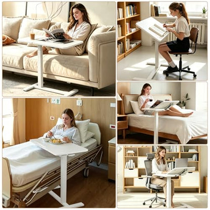 Adjustable Overbed Table with Wheels, Rolling Laptop Table for Bed & Sofa | Height Adjustable 26.38"-42.52" Hospital Bed Table with Tilt Tray for Laptop, Eating, Working, Reading & Home Office - color: White
