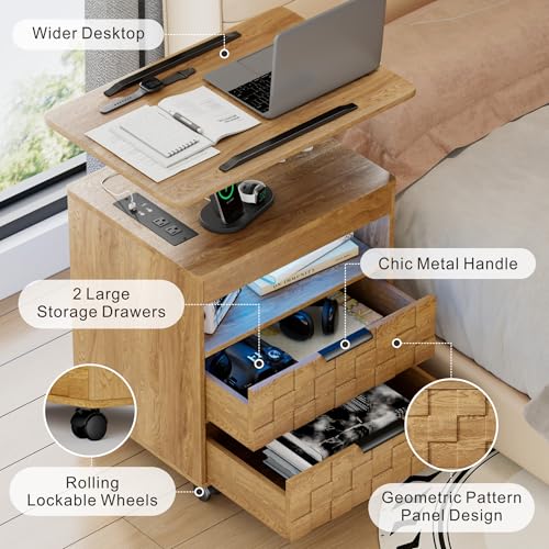 Lareth Rolling Nightstand with Wheels, LED Lights, Charging Station | Height Adjustable, Bedside Table 2 Drawers, Smart Wooden End Table Dorm Side Table Laptop Workstaion, Bedroom, Natural - color: A Natural