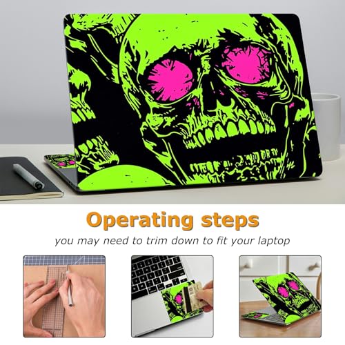 Universal Laptop Skin Sticker with 2 Wrist Pad Decals, 3-Piece Removable Vinyl Laptop Cover, Neon Green Skull Waterproof Anti-Scratch, Easy-Trim Fit for 13.3" 14" 15.6" Laptops - color: Neon Green Skull