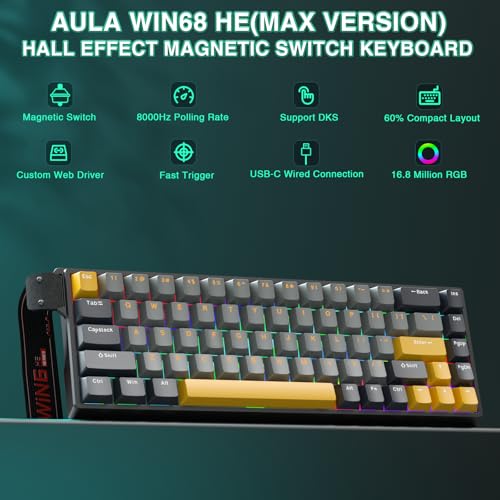 AULA WIN68 HE MAX - Hall Effect Gaming Keyboard with Magnetic Switch, Adjustable Actuation Fast Trigger Mode, 8KHz Polling Rate, RGB Backlit Wired Mechanical Gaming Keyboard 60 Percent - color: Grey&Yellow-Max Version