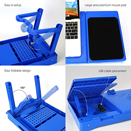 Foldable Laptop Desk, Adjustable Portable Laptop Stand for Bed Couch, Small Bed Table for Laptops and Writing, Bed Tray Table with Cup Holder, Cooling Fan, LED Light (Blue) - color: Blue