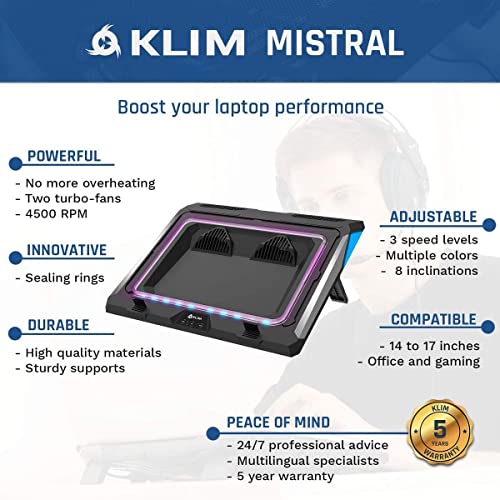 KLIM Mistral Laptop Cooling Pad - New - Powerful Turbo-Laptop Fans (4500 RPM) - Rubber Seal and Dust Filters for Maximum Performance - Gaming Laptop Cooler to Avoid Overheating - 15.6-17.3 inch