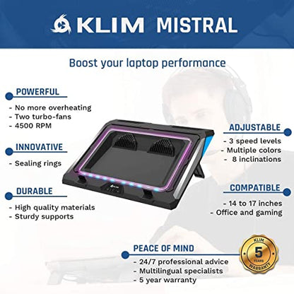 KLIM Mistral Laptop Cooling Pad - New - Powerful Turbo-Laptop Fans (4500 RPM) - Rubber Seal and Dust Filters for Maximum Performance - Gaming Laptop Cooler to Avoid Overheating - 15.6-17.3 inch