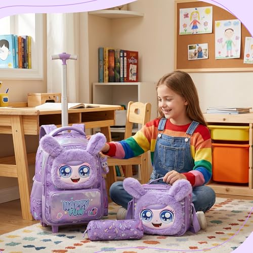 Meetbelify Rolling Backpack for Girls Backpacks with Wheels for Elementary Student Kids School Travel Bag for Girls Ages 6-8 Years Old Purple - color: Purple