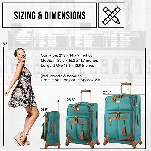 Steve Madden Designer-Gepckkollektion Leichter Softside-Koffer fr Damen und Herren strapazierfhige 50,8 cm groe Tragetasche mit 4 rollenden Spinner-Rdern, Harlo Teal Blue, 20in, Carry on Bag With - color: Harlo Teal Blue, size: 20 inches