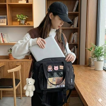 Kawaii Crossbody Ita Bag for Women with Pin & Plush Bear - Japanese Messenger Bags Y2K Shoulder Purse - color: C Max Black (Fits 15.6" Laptop)