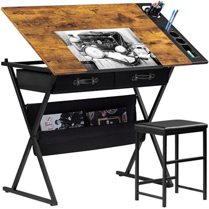 VECELO Drafting Table Art Desk Art Table Adjustable Drawing Table Tilted Tabletop with 2 Storage Drawers and Stool, Drawing Desk for Artist Painters Drawing, Crafting, Reading, Writing, Rustic Brown - color: Rustic Brown