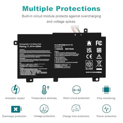 B31N1726 Laptop Battery for Asus FX80 FX80G FX80GD FX80GE FX80GM FX86 FX86FE FX86FM TUF FX504 FX504GE FX504GM FX505 FX505DT FX505DY FX505GE FX505GD FX505GM FA506IU A17 FA706II B31BNEH B31BN91 A41LK9H - size: 7.28*3.77*0.31inch B31N1726