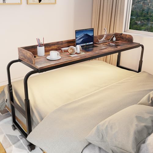 Overbed Table with Wheels, Mobile Bed Table with Adjustable Height Length, Desk for Bed Queen Size with Charging Station and LED Light, Rolling Table for Eating, Laptops, Hospitals - color: Rustic Brown