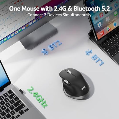 Acer Ergonomic Mouse Wireless Rechargeable with Side Scroll for Laptop/Mac | Bluetooth Computer Mouse (BT5.2+2.4GHz) with 8 Buttons, Medium to Large Sized Hands, Office USB Mice, 4800 DPI