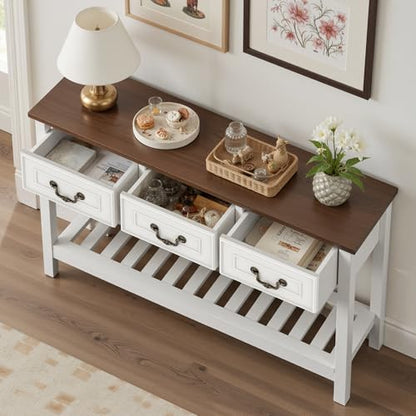 Narrow Console Table with 3 Drawers, Entryway Table with Storage Shelves, Couch Table Behind Sofa, Wood Sofa Table for Living Room, Entryway, Hallway, White - color: White