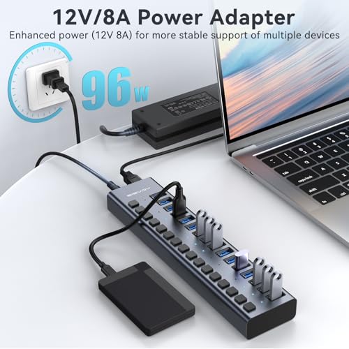 ACASIS Powered 16 Ports USB 3.2 Hub, 10Gbps Data Transfer, 96W Adapter | Individual On/Off Switch for Each Port • Aluminum Housing • Better Heat Dissipation • Plug & Play - size: 16 ports