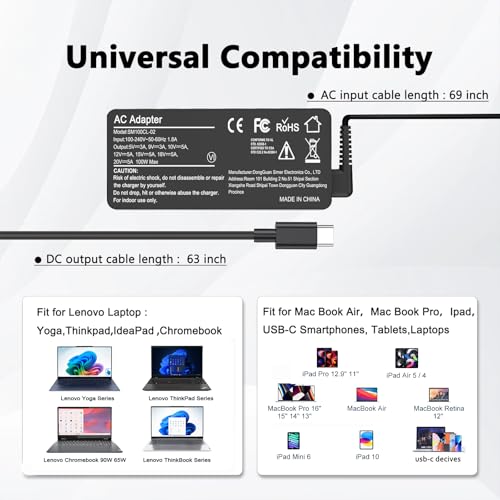 JEIBAO 100W Universal USB C Laptop Charger Compatible with Mac Book Pro/Air 16, 15, 14, 13 Inch,iPad Pro,Lenovo Thinkpad/Chromebook/IdeaPad Yoga,HP,Dell,Acer,Asus, All USB-C Devices - color: Black2
