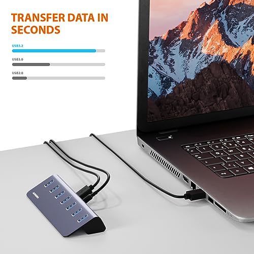 10Gbps Powered USB 3.2 Gen 2 Hub, Aluminum 7-Port USB Expander with USB-A and USB-C for Computer, Mac, PC, Smartphone, Tablet
