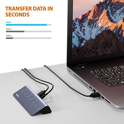 10Gbps Powered USB 3.2 Gen 2 Hub, Aluminum 7-Port USB Expander with USB-A and USB-C for Computer, Mac, PC, Smartphone, Tablet
