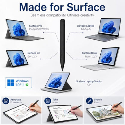 HATOKU Stylus Pen for Microsoft Surface: Slim Pen with 60H Long Battery - 4096 Pressure Sensitivity - 40min Fast Charging MPP2.0 Active Pencil for Surface Pro 11 10 X Laptop Studio Business Take Notes