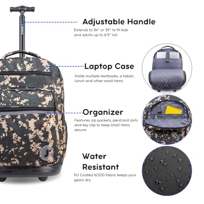 J World Sundance Laptop Rolling Backpack for Girls Boys. Roller Bookbag with Wheels, 20 Inch, Green Camo - color: Green Camo