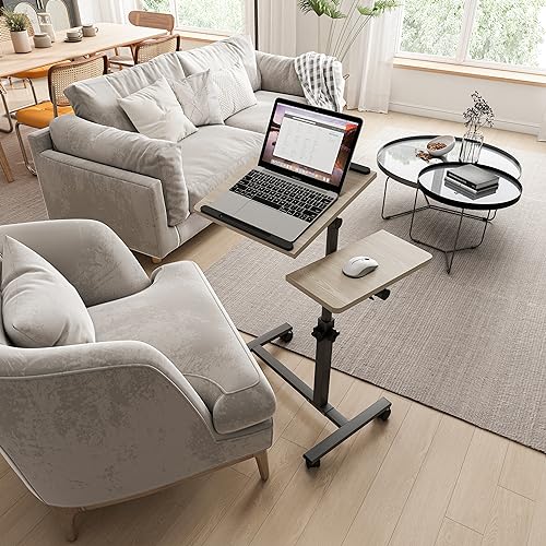 Furist Adjustable Bedside Laptop Desk with Mouse Pad on Wheels, Adjustable Overbed Table,Rolling Computer Stand,Hospital and Home Use - color: Log Grey
