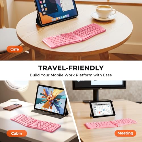 MEETION Foldable Ergonomic Bluetooth Keyboard, Split, Portable, Pink | Compact rechargeable folding keyboard with split ergonomic design, ideal for business travel, for Windows, Mac, iPad, Android - color: Pink