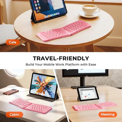 MEETION Foldable Ergonomic Bluetooth Keyboard, Split, Portable, Pink | Compact rechargeable folding keyboard with split ergonomic design, ideal for business travel, for Windows, Mac, iPad, Android - color: Pink