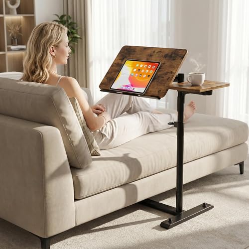 YUHFERA Rolling Table for Laptop Stand, Height and Angle Adjustable Over Bed Table with Wheels, Tilt-Top Laptop Desk for Couch with Cup Holder, Bed Table Tray for Eating (Brown) - color: Brown