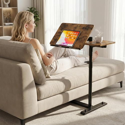 YUHFERA Rolling Table for Laptop Stand, Height and Angle Adjustable Over Bed Table with Wheels, Tilt-Top Laptop Desk for Couch with Cup Holder, Bed Table Tray for Eating (Brown) - color: Brown
