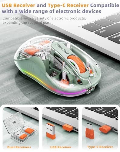 Bluetooth Wireless Mouse, Transparent RGB Tri-Modes Mouse,Bluetooth & 2.4GHz for Multi Device, USB-C Receiver Ideal for MacBook/Laptops, Rechargeable, Silent, Portable, Cool LED, Ergonomic - Green - color: Green