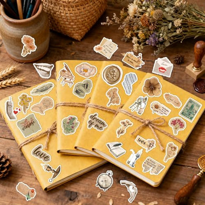 Vintage Aesthetic Stickers for Adults - 50 Pcs Retro Waterproof Scrapbook Stickers, Flower Butterfly Vinyl Water Bottle Decals for Daily Planner Journaling Laptop - style: Vintage