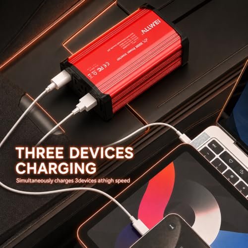 ALLWEI 300W Power Inverter DC 12V to 110V AC, Compact Car Plug Adapter Outlet with 65W PD USB-C &18W USB-A Fast Charging, Cigarette Lighter Adapter Car Charger for Phone, Laptop on Road Trip - color: PD65W-Red