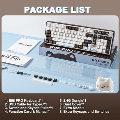 YUNZII B98 PRO QMK/VIA Wireless Mechanical Gaming Keyboard,96% Layout with Numpad and Cute Cat Knob, BT/2.4G/USB-C,Linear Switch Hot Swap Gasket,RGB for Win/Mac (Coffee Browm, Milk V2 Linear Switch) - color: Coffee Browm, size: Milk V2 Linear Switch