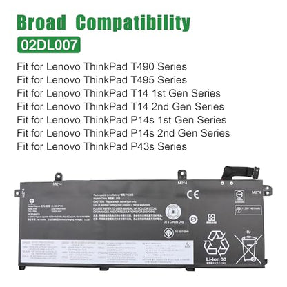02DL007 Laptop Battery Replacement for Lenovo ThinkPad T490 T495 T14 P14S P43S Series L18L3P73 SB10K97645 L18C3P72 02DL010 L18C3P71 02DL008 L18M3P73 02DL009 L18M4P74 L18M4P73 11.55V 51Wh - size: 13.3*5.1*1.4inch 02DL007