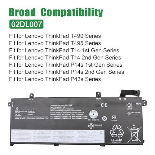 02DL007 Laptop Battery Replacement for Lenovo ThinkPad T490 T495 T14 P14S P43S Series L18L3P73 SB10K97645 L18C3P72 02DL010 L18C3P71 02DL008 L18M3P73 02DL009 L18M4P74 L18M4P73 11.55V 51Wh - size: 13.3*5.1*1.4inch 02DL007