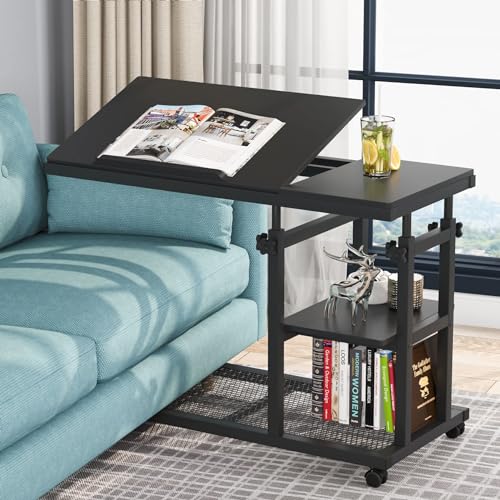 Tribesigns Height Adjustable C Table with Wheels, Mobile Couch Snack Side Table with Tiltable Drawing Board, Sofa Bedside Laptop Stand C Shaped TV Tray with Storage Shelves (Black) - color: Black