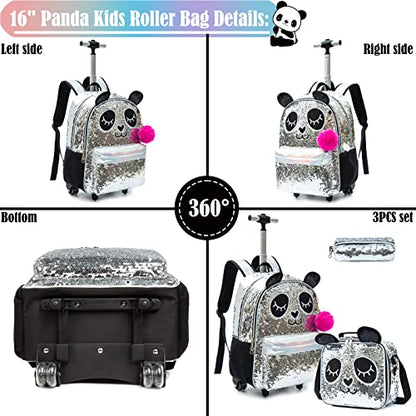 School Kids Rolling Backpack for Girls 3PCS With Trolley Wheeled Backpacks - color: Silver Black
