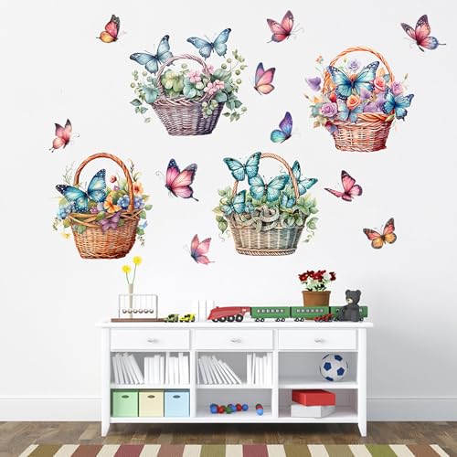 Flower Basket Butterfly Wall Stickers Bedroom Bathroom Restroom Cistern Nursery Decor DIY Removable Bouquet Toilet Seat Lid Decals 4 Pcs (Green) - color: Green
