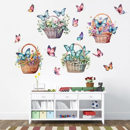Flower Basket Butterfly Wall Stickers Bedroom Bathroom Restroom Cistern Nursery Decor DIY Removable Bouquet Toilet Seat Lid Decals 4 Pcs (Green) - color: Green