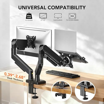 Dual Monitor Stand Adjustable Monitor Desk Mount for 17″–32″ Computer Screens, Full Motion VESA Pattern 75x75/100x100 with C-Clamp & Grommet Aluminum Base, Each Arm Holds 4.4 to 20 lbs HD09B-201 - size: dual monitor arm