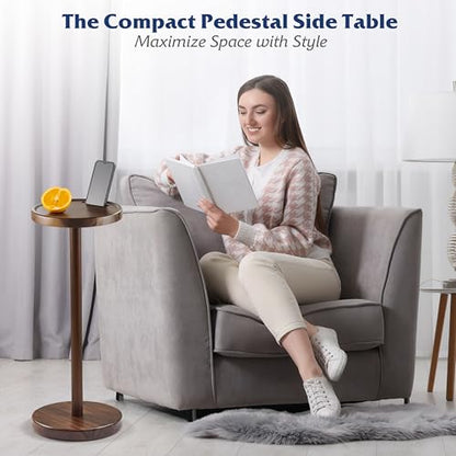 BLUEWEST 22 Inch Tall Compact Drink Table, Flat Top, Weighted Base, Walnut | Durable Pedestal Accent Table for Living Rooms, Bedrooms or Offices, with a Compact Design for Cocktails and Everyday Drinks. - color: Medium Walnut