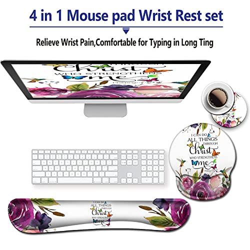 Gel Mouse Pad and Ergonomic Large Keyboard Wrist Rest Support Memory Foam, for Gaming/Working Desk Pad with Non-Slip PU Base, Philippians 4-13 Purple Flower White Wireless Mousepads for Women