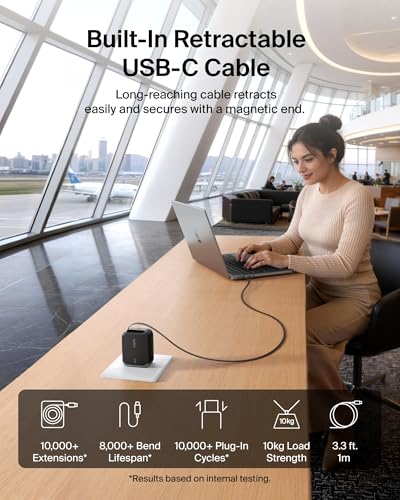 Belkin 67W GaN USB C Retractable Charger Block Fast Charging for Travel | 3.3ft Retractable Cable, USB C Port, iPhone 17, Galaxy S26, AirPods, iPads, MacBook, Travel Charger, Charge Up to 2 Devices - color: Black, style: 67W