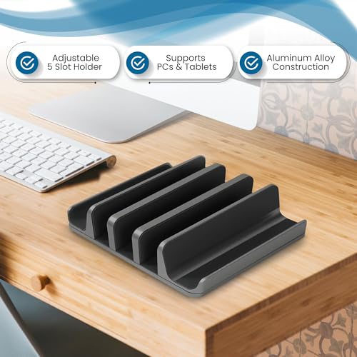 Elestoria 5- Slot Vertical Laptop Stand - Aluminum Laptop Stand Vertical for Desk - Fits MacBook Pro/Air, Surface, Mobiles & Gaming Laptops up to 17.3" - Heavy Duty Laptop Holder for Desk - (Black) - color: Black