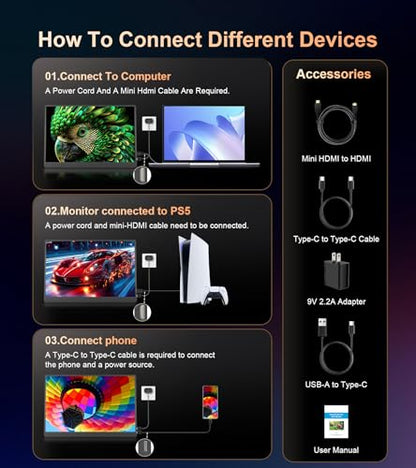 4K Portable Monitor - 15.6" UHD 3840 * 2400 16:10 450 Nits 135% sRGB IPS Screen with 2 USB-C & HDMI Ports for Laptop/Mac/PC/PS5/Xbox with Speakers Stand,VESA Compatible(Metallic Black)