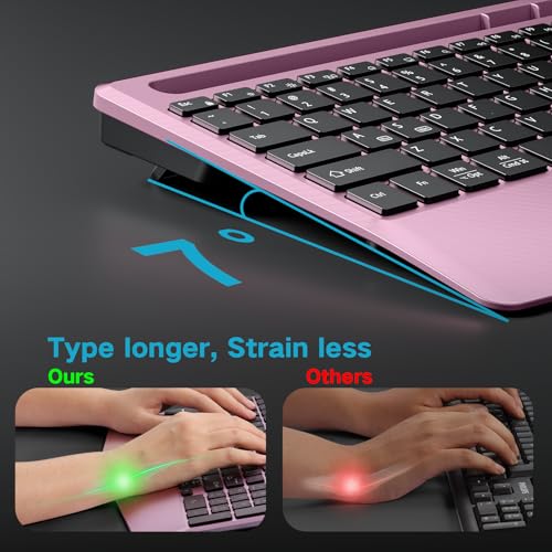 Hamile Wireless Backlit Keyboard with Wrist Rest, Rosepink | 2.4G and Bluetooth keyboard with 8 backlight effects, slim rechargeable silent keys, holder, and Windows/Mac support - color: RosePink