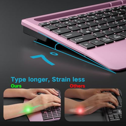 Hamile Wireless Backlit Keyboard with Wrist Rest, Rosepink | 2.4G and Bluetooth keyboard with 8 backlight effects, slim rechargeable silent keys, holder, and Windows/Mac support - color: RosePink